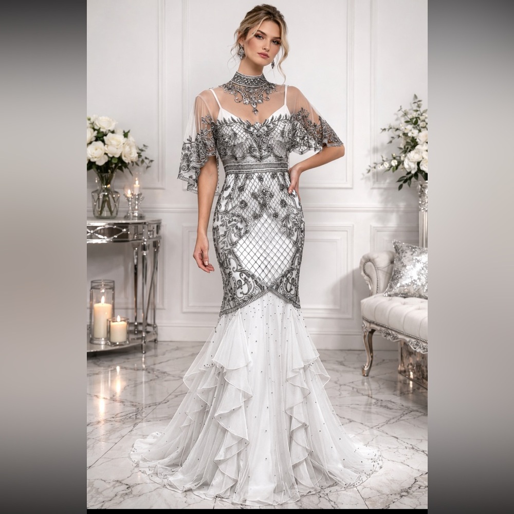 Aidan Mattox WHITE beaded dress with capelet